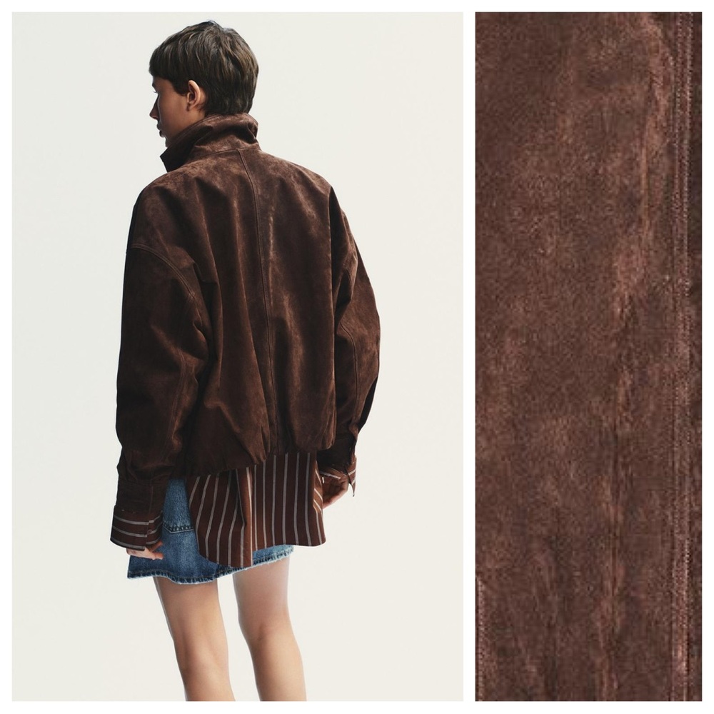 NWT. Zara Dark Brown 100% Suede Leather Jacket. Size L. - Picture 6 of 15
